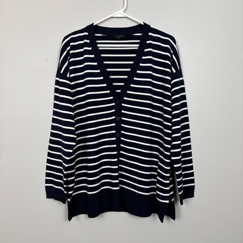 Talbots Petite Cardigan XLP Blue White Stripe Button Front Long Sleeve V-Neck